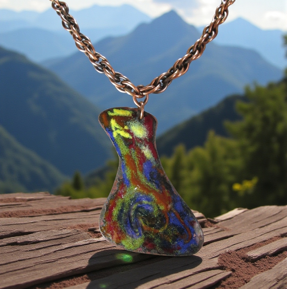 Artisan Pendant Necklace, 1970s Glass on Copper